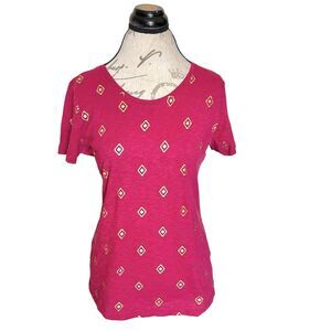 Laura Scott Womens Blouse Medium  Short Sleeve Red Gold Top Holiday Christmas